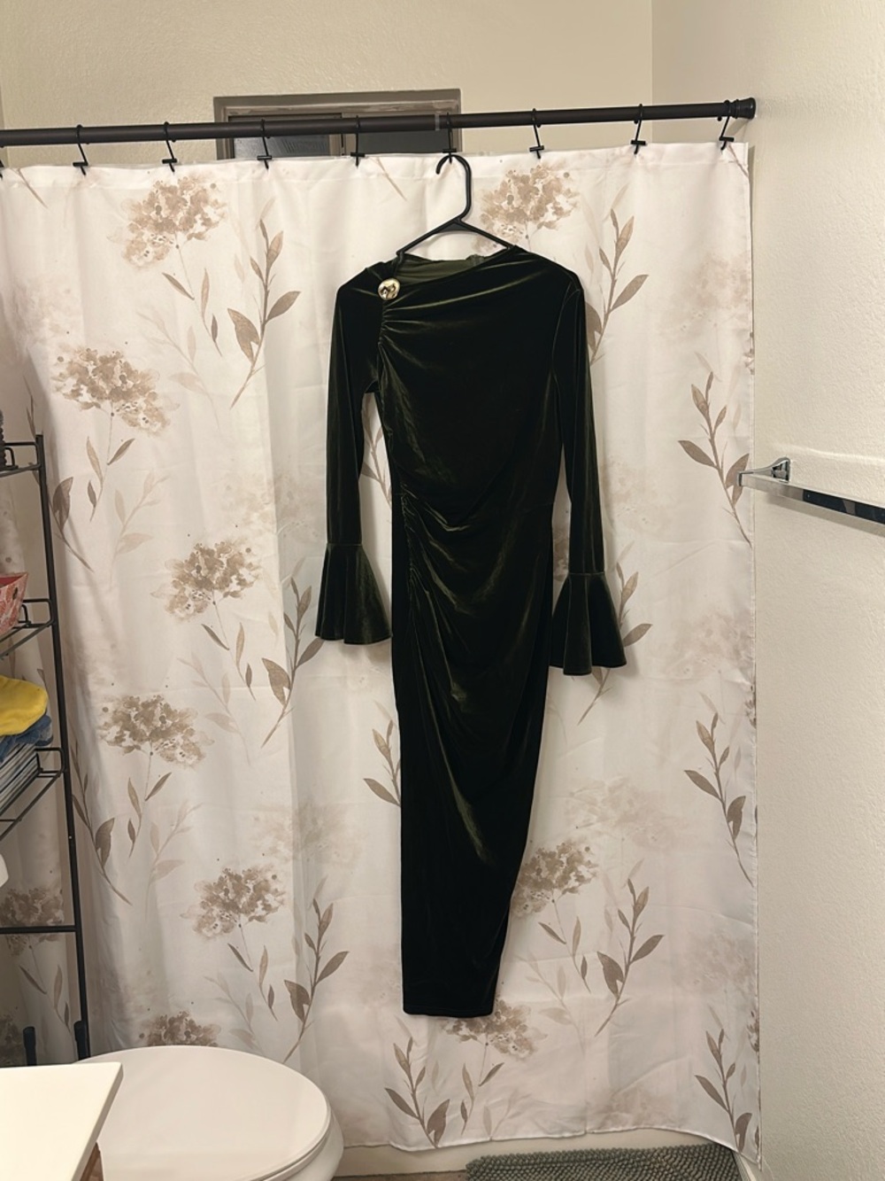Olive Velvet Asymmetric Long-Sleeve Dress with Flared Cuffs